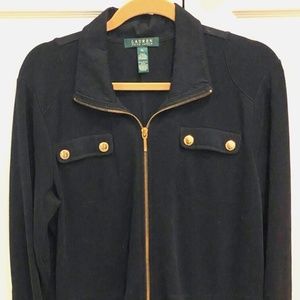 Lauren Ralph Lauren Black Full Zip Cotton Knit Jacket Gold Zipper Buttons XL